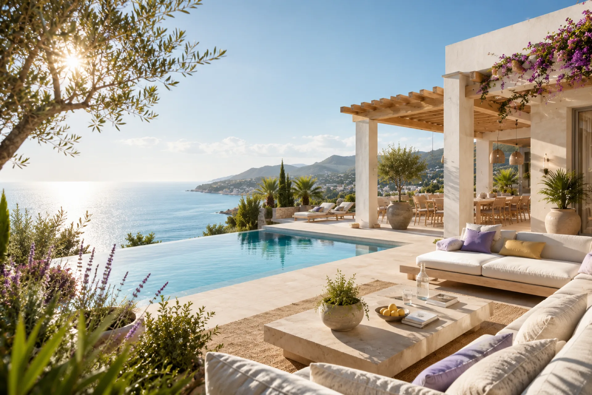 Villa auf Zypern mit Meerblick und Pool in der Abendsonne